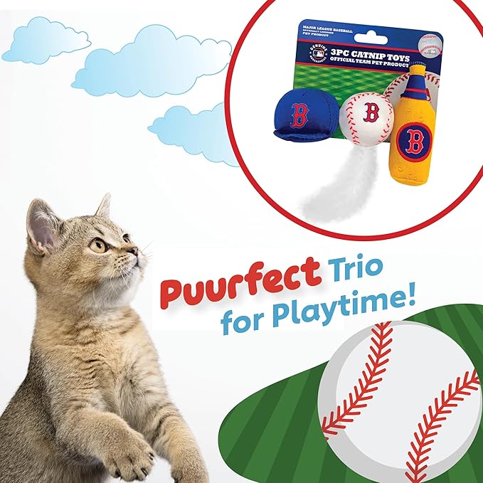 BEST PLUSH CAT TOY MLB BOSTON RED SOX Complete Set of 3 piece Cat Toys filled with Fresh Catnip. Includes: 1 Baseball Cap Cat Toy, 1 Baseball Cat Toy with Feathers & 1 Beer Bottle. Beautiful Team LOGO