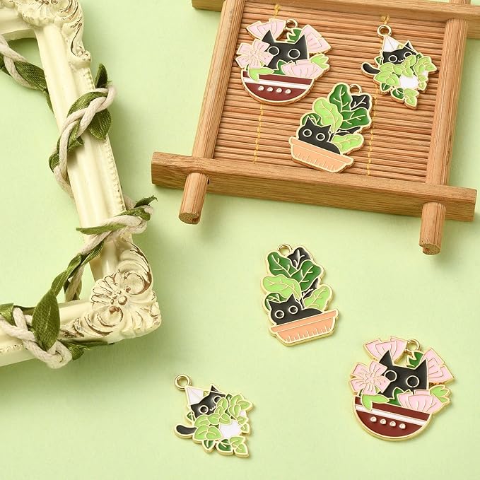 KitBeads 15pcs Enamel Plant with Cat Charms Cartoon Green Potted Plant Charms Cute Pet Black Cat Charms for Jewelry Making Bracelet Bulk