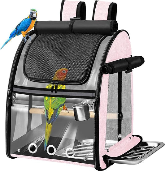 SUERTREE Bird Carrier Bag with Indestructible Stainless Steel Mesh, Bird Travel Cage with Stand, Easy to Clean Backpack for Parrot, Portable Bird Travel Bag, Pet Breathable Travel Cage, Pink