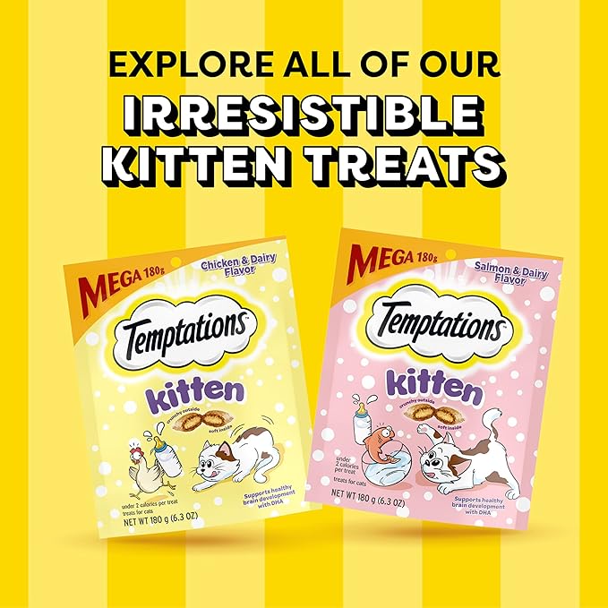 Temptations Kitten Treats, Chicken & Dairy and Salmon & Dairy, Crunchy and Soft Treat, 4-Pack Multipack (6.3 Ounce Per Pack)