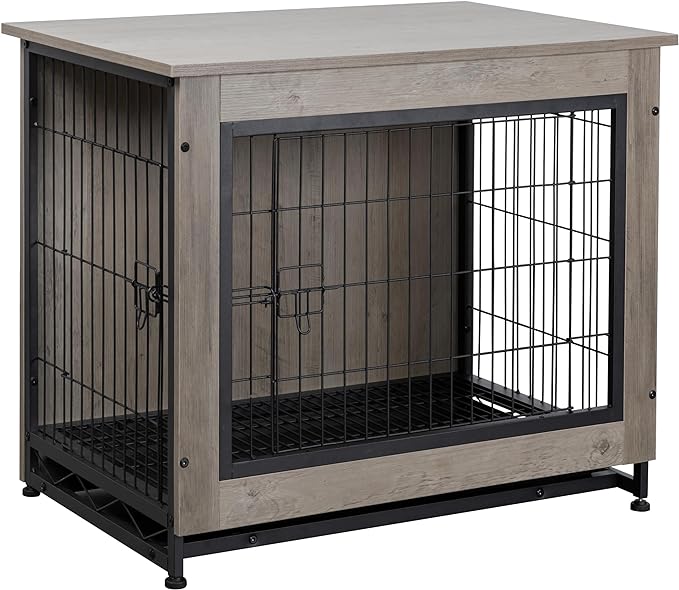 Shintenchi Wooden Dog Crate Furniture for Large Dog, XL Double-Door Kennel Indoor with Removable Tray, End Table XL Dog Crate for Decoration, 44" L*30" W*32" H, Grey