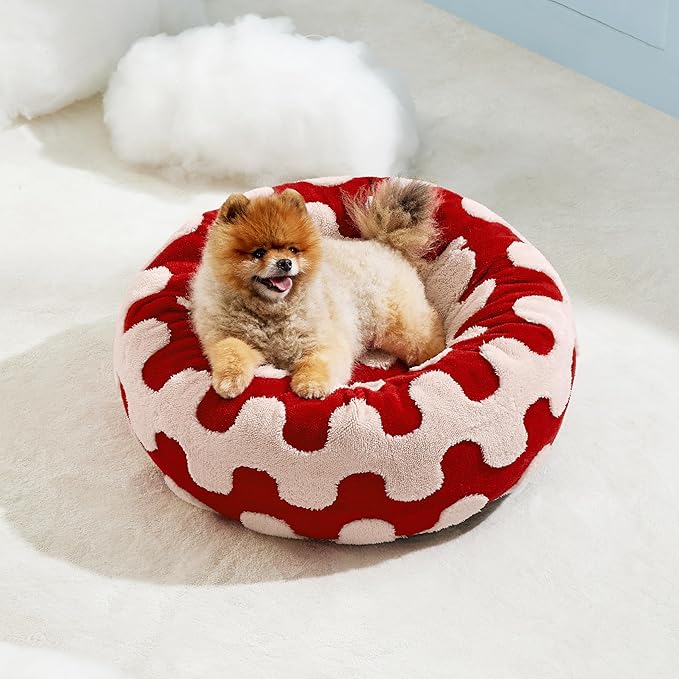 Lesure Donut Small Dog Bed - Round Cat Beds for Indoor Cats Anti-Anxiety Calming Pet Beds, Washable Cute Modern Beds with Teddy Sherpa Plush & Anti Slip Bottom Red