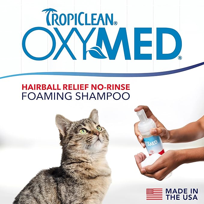 TropiClean Oxymed Waterless Cat Shampoo and Conditioner | A No-Rinse Cat Wash for Hairball Relief | 7.4 oz