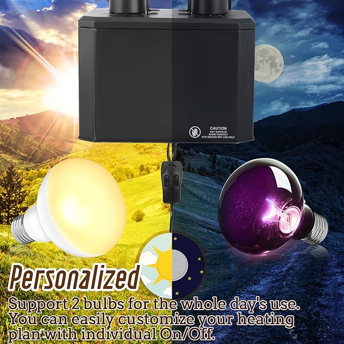 Reptile Dual Light Fixture 2 in 1 Deep Dome Lamp Hood, Reptile Heat Lighting Lamp Fixture with Individual On/Off for Reptile Glass Terrariums suitable UVB UVA Bulb (L)