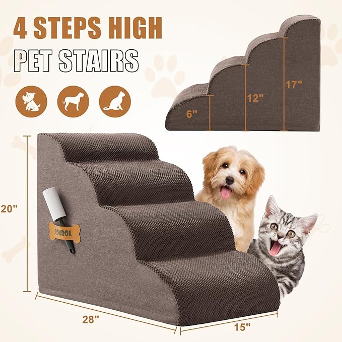 Dog Stairs, Romrol Dog Steps Ramp for High Bed and Couch, Dog Ramp with Durable Non-Slip Waterproof Fabric Cover, Pet Stairs for Small Dogs and Cats or Pets Joints, 4-Tiers,Coffee