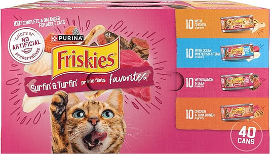 Purina Friskies Wet Cat Food Variety Pack, Surfin' & Turfin' Prime Filets Favorites - (Pack of 40) 5.5 oz. Cans