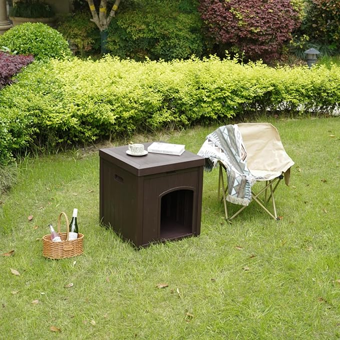 22" Dog House Outdoor with Flip Lid, Small Dog House Indoor Outdoor Weatherproof, Plastic Doghouse for Medium Dogs Outside, Durable Resin Plastic, 220 lbs Top Capacity & Elevated Floor, Brown