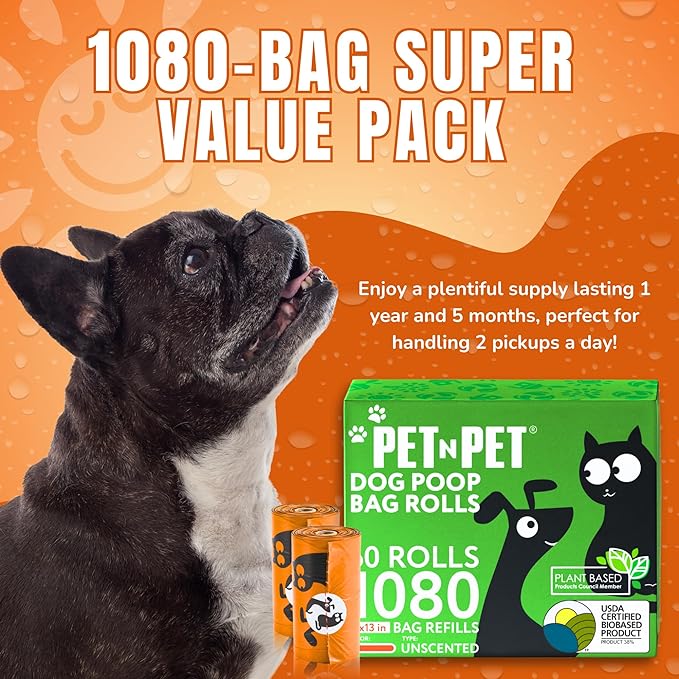 Pet N Pet 1080 Counts Orange Poop Bags for Dogs, 38% Plant Based & 62% PE Extra Thick Dog Poop Bags Rolls, 9" x 13" Unscented Dog Bags for Poop, Doggy Poop Bags, Cat Poop Bags, Dog Waste Bags