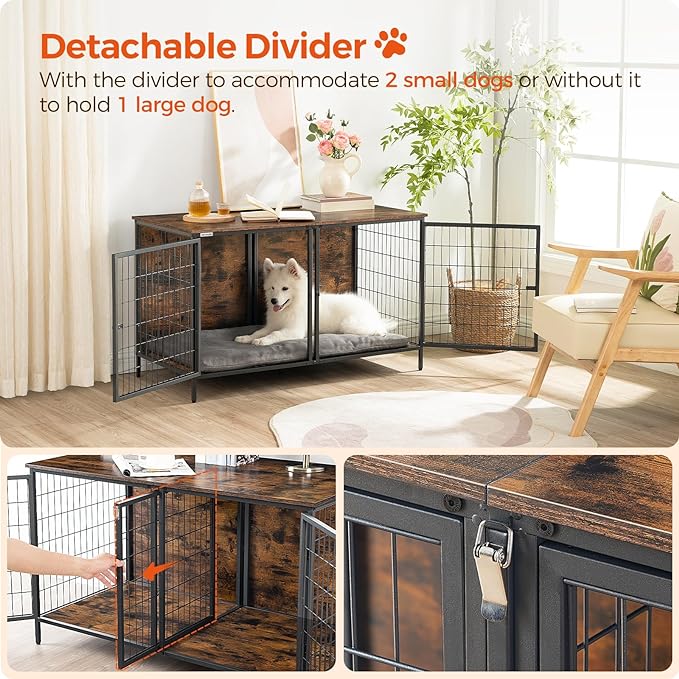 Dog Crate Furniture for 2 Dogs, 43.3" Dog Kennel with Removable Divider, Heavy Sturdy Dog Furniture Style Double Cage for Small Medium Dog, Indoor Dog House End Table, Rustic Brown DCHR1201