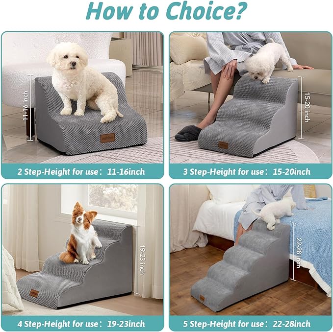 Dog Stairs for Medium Bed 20" H, Small Dogs Ramp with Leakproof Fabric Cover, Foam Pet Steps for Cat, Couch, Sofa, Lightweight, Non-Slip, Durable, Comfort, 15.7x28.3x19.7in, Grey, 4 Steps