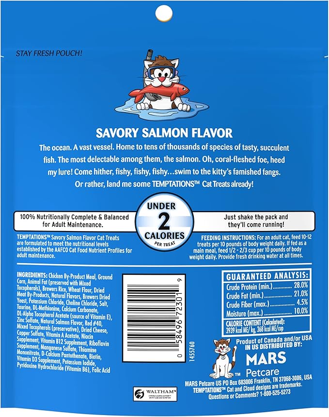 TEMPTATIONS Classic Crunchy and Soft Cat Treats Savory Salmon Flavor, 6.3 oz. Pouch (Pack of 10)