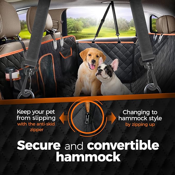 Dog Car Seat Cover for Back Seat for XL Cars, SUVs & Trucks, 100% Waterproof Non-Slip Dog Hammock for car, 600D Heavy Duty Scratch Proof Durable pet car Rear seat Cover w/Mesh Window, Storage Pockets