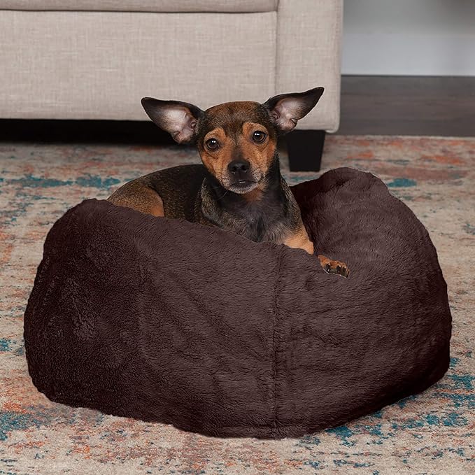 Furhaven Soft & Cozy Dog Bed for Small Dogs, Refillable w/ Removable Washable Cover & Liner, For Dogs Up to 20 lbs - Plush Faux Fur Bean Bag Style Ball Bed - Espresso, Small