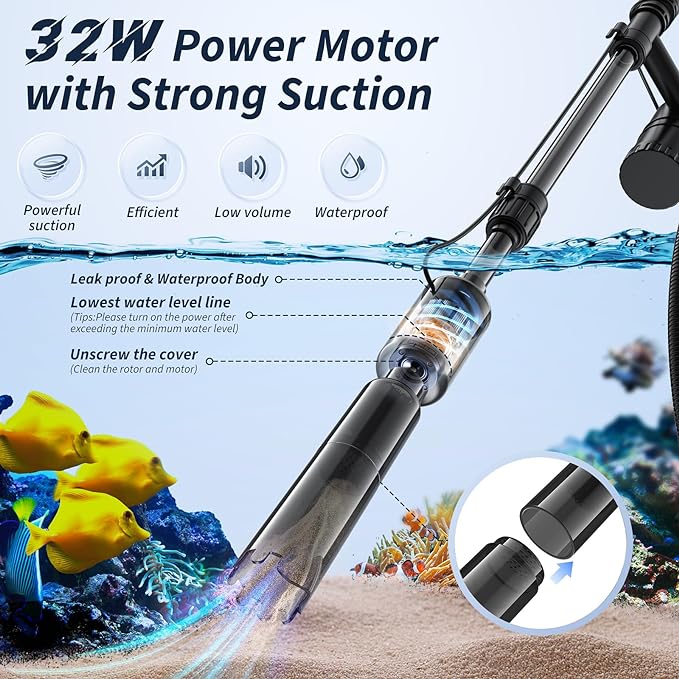 Fish Tank Cleaner - Aquarium Gravel Cleaner, 530GPH/32W Electric Fish Tank Cleaning Tools, Adjustable Water Flow Aquarium Cleaner Kit, Turtle Betta Fish Tank Cleaner for Wash Sand, Water Changing