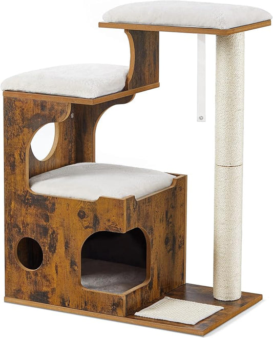 Feandrea 33.9-Inch Cat Tower, Medium Cat Tree with 3 Beds and Cave, Cat Condo Made of MDF with Wood Veneer, Sisal Post and Washable Faux Fur, Vintage, Rustic Brown and White UPCT70HW