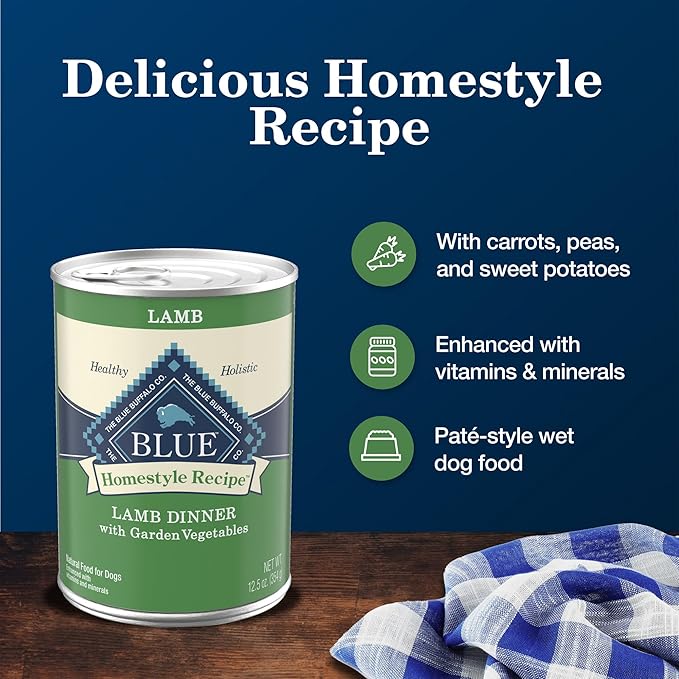 Blue Buffalo Homestyle Recipe Natural Adult Wet Dog Food, Lamb 12.5 oz cans (Pack of 12)