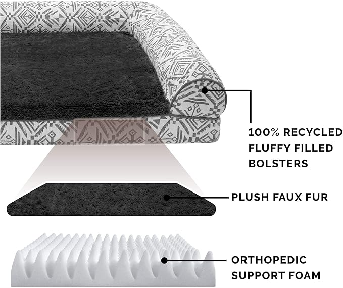 Furhaven Orthopedic Dog Bed for Medium/Small Dogs w/ Removable Bolsters & Washable Cover, For Dogs Up to 35 lbs - Plush & Southwest Kilim Woven Decor Sofa - Boulder Gray, Medium