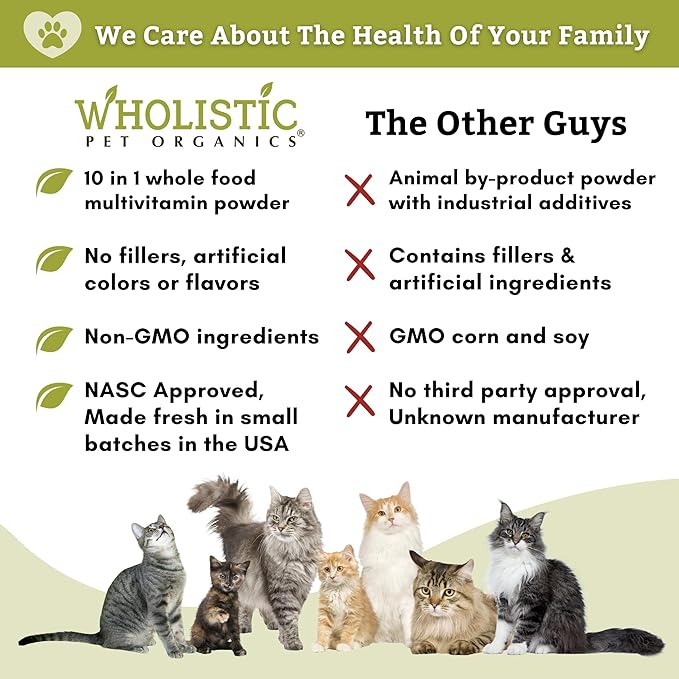 Wholistic Pet Organics Feline Complete: Cat Multivitamins Powder - 4 oz - Immune Support Supplements for Cats - Cat Probiotics, Minerals & Vitamins for Cats - Antioxidants for Cat Skin & Coat