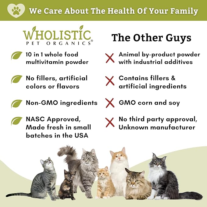 Wholistic Pet Organics Feline Complete: Cat Multivitamins Powder - 8 oz - Cat Probiotics for Indoor Cats - Immune Support Supplement for Cats - Essential Vitamins and Supplement for Cats Skin & Coat