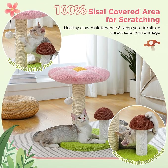 PETEPELA Flower Cat Scratching Post, Mushroom Cat Scratcher Cute with Thick Scratching Post [Dia=3.5''] & Removable Flower Cat Bed, Tall Cat Post for Kittens and Indoor Small Cats, Pink