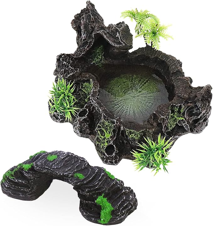 Reptile Tank Accessories Habitat Water Dish Tree Trunk and Artificial Arched Rock Bridge for Bearded Dragon Leopard Gecko Lizard Snake Chameleon Hermit Crab Ball Python Water Frog Turtle