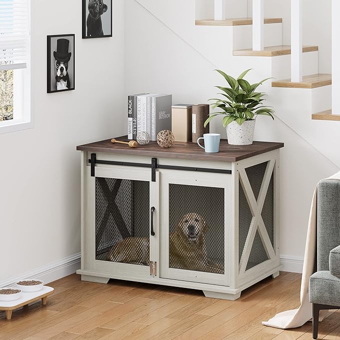 Furniture Style Dog Crate End Table with Sliding Barn Door, Indoor Dog Kennel Furniture with Removable Divider, Flip Top Dog Crate Table, Dog House,Dog Crate Furniture, White