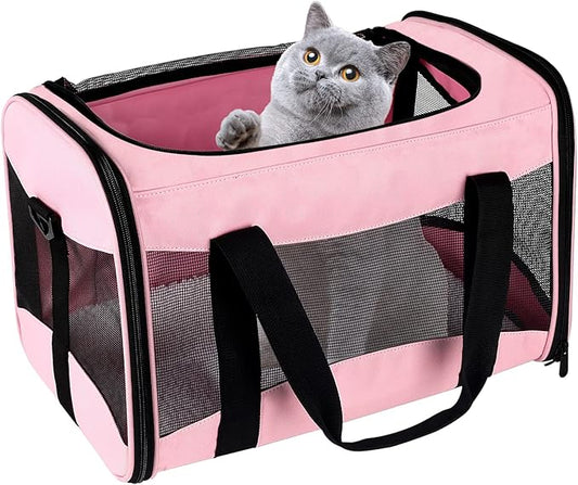 Cat Carrying Case - Pet Carrier Airline Approved, Protable and Breathable Pet Travel Carrier Removable Fleece Pad, Collapsible Cat Carrier Dog Carrier for Medium Cats Small Cats Dogs (Medium, pink)