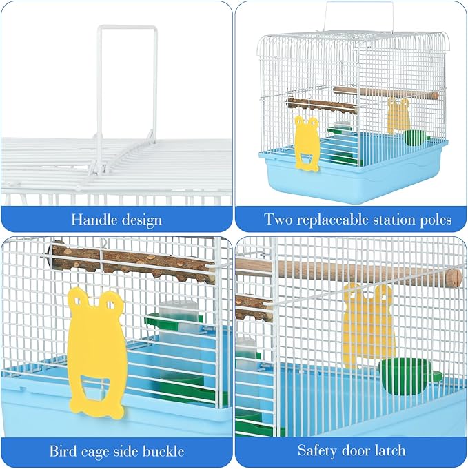 Travel Bird Cages for Cockatiels - Parrot Cage Starter Kit with Stand Accessories Birdcage Great for Parakeets Lovebirds Parrotlets Finches Canaries and More Small Birds(Blue)