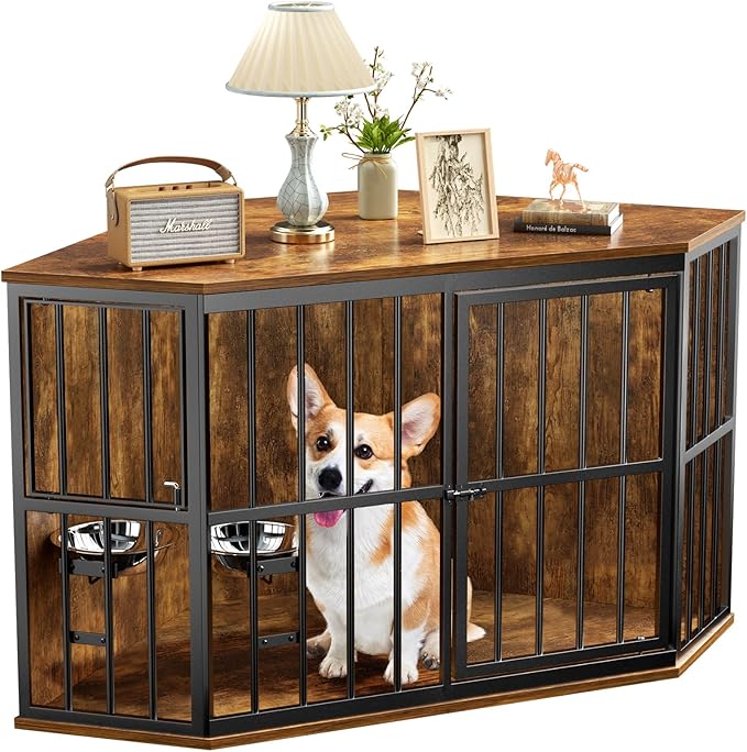 42 inch Furniture Dog Crate Corner, Dog Kennel Corner Wooden End Table with Bowl, Indoor Pet Crates Corner Side Table for Dogs, Wide Top Perfect for Limited Room