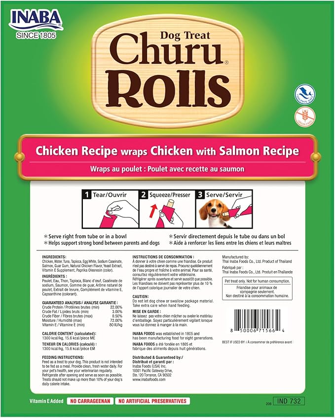 INABA Churu Rolls for Dogs, Soft & Chewy Baked Chicken Wrapped Filled Dog Treats with Vitamin E, 0.42 Ounces Each Stick, 64 Sticks (8 per Pack), Chicken with Salmon Recipe