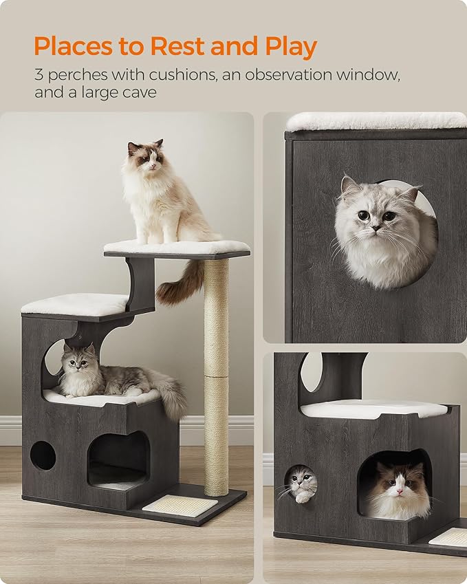 Feandrea WoodyWonders Cat Tree, 33.8-Inch Modern Cat Tower, Cat Condo with 3 Perches, Scratching Post and Mat, Cave, 4 Removable Washable Cushions, Misty Gray UPCT070G02