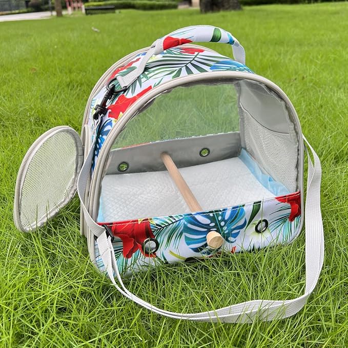 Portable Small Bird Travel Carrier Cage with Stand Perch, Bird Carrier to Carry Parakeet Budgies Parrot Cockatiel Conure Outdoor, Front Clear Window with Floral Printing