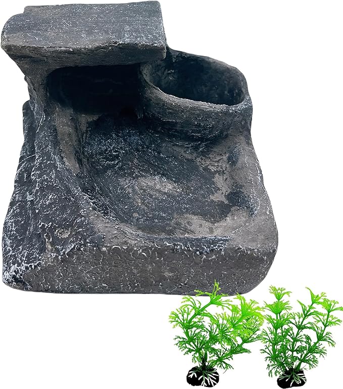 Reptile Feeding Bowl Resin Turtle Food Water Dish Tank Decor Basking Climbing Platform with Artificial Plants for Lizard Gecko Chameleon Frog Beared Dragon Spider