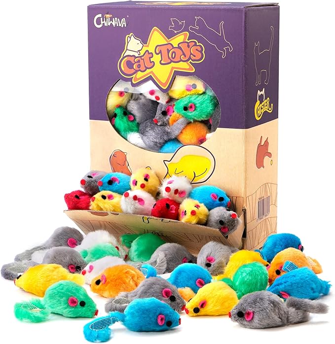 CHIWAVA 60PCS 4.1'' Furry Cat Toy Mice Rattle Small Mouse Kitten Interactive Play Assorted Color