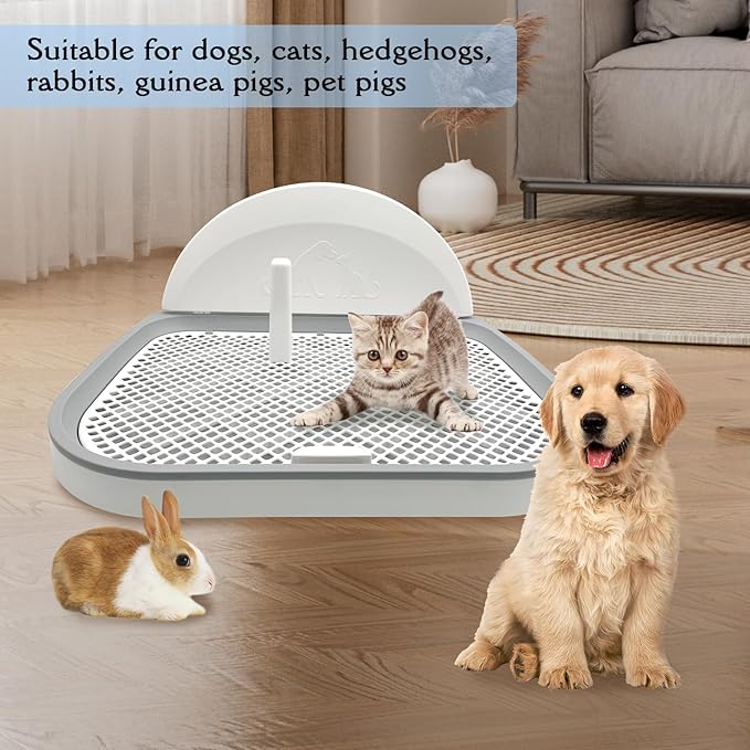 Hamiledyi 2 Pcs Indoor Dog Potty with Splash Wall Puppy Mesh Training Toilet Portable Pee Pad Holder Pet Training Tray with Pee Baffle Dog Litter Box with Removable Post for Small Dogs Puddy (White)