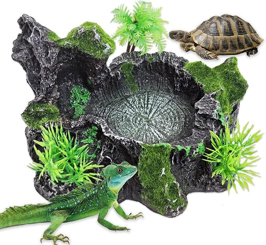 PINVNBY Resin Reptile Platform, Reptile Water Dish, Artificial Plants and Moss Reptile Food Water Bowl for Bearded Dragon, Lizard, Gecko, Turtle, Water Frog, Snake (with Moss)