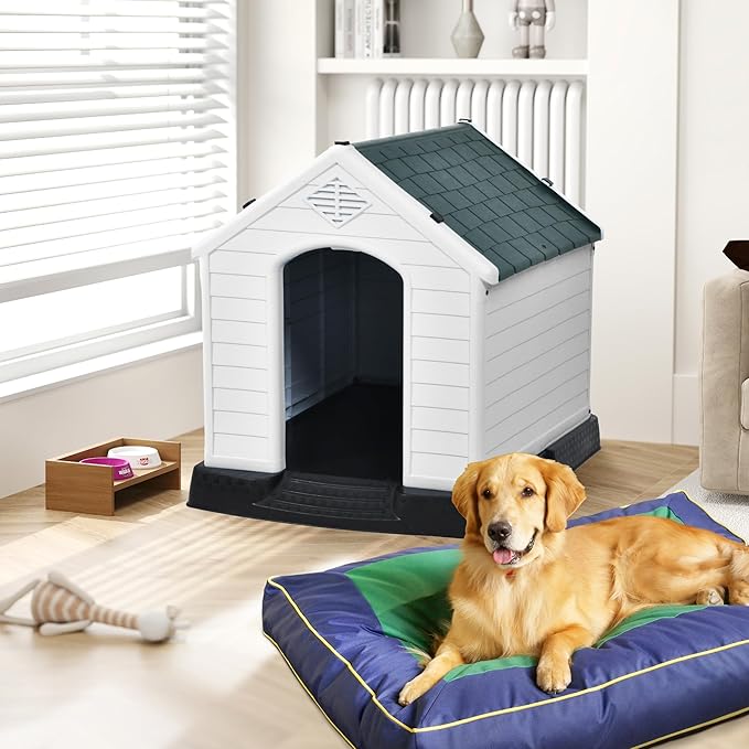 DWVO Large Plastic Dog House, Weatherproof Outdoor/Indoor Doghouse, Puppy Kennel with Air Vents and Elevated Floor, 41.3''L*38''W*38.8''H, Gray