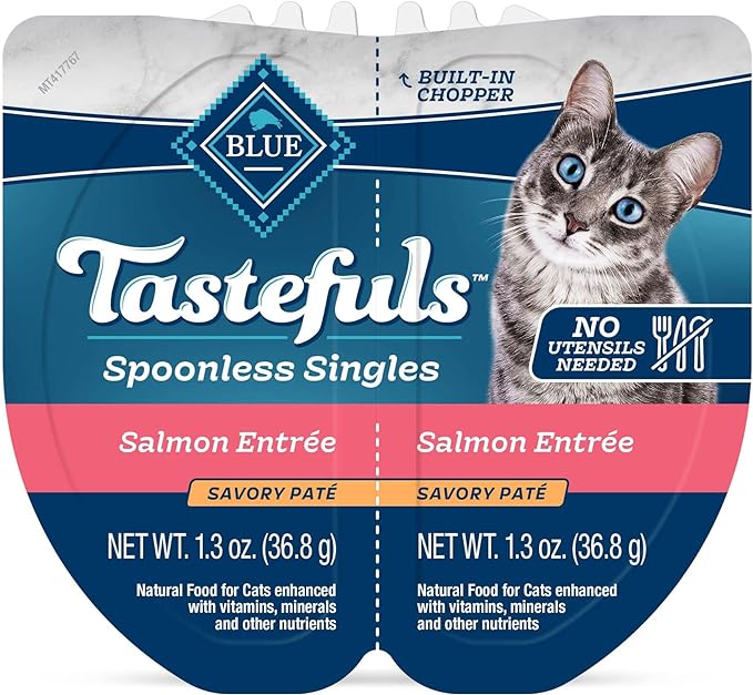 Blue Buffalo Tastefuls Spoonless Singles Adult Pate Wet Cat Food, Salmon Entrée, Perfectly Portioned Cups in (24) 2.6-oz Twin-Pack Trays