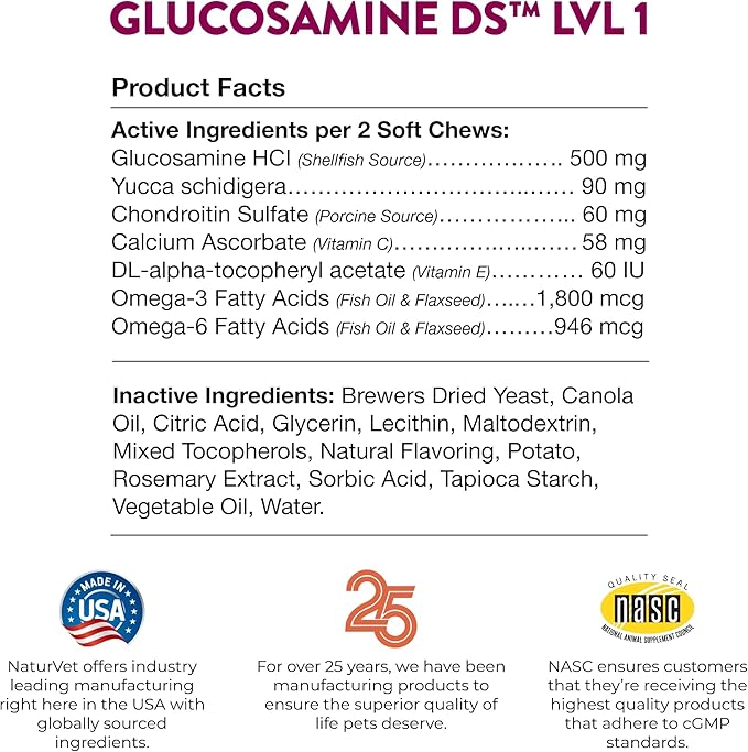 NaturVet Glucosamine DS Level 1 Maintenance, Joint Care Support Supplement for Dogs and Cats, Soft Chews, Made in The USA