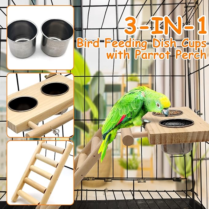 Tfwadmx Bird Food Stainless Steel Cups Wooden Perch Stand Hanging Feeder Bowls Feeding and Watering Supplies for Parakeets Conures Cockatiels Budgie Parrot