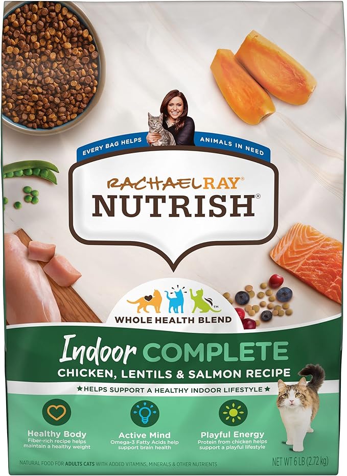 Rachael Ray Nutrish Indoor Complete Premium Natural Dry Cat Food with Added Vitamins, Minerals & Other Nutrients, Chicken with Lentils & Salmon Recipe, 6 Pounds (Packaging May Vary)