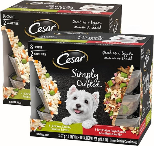 CESAR SIMPLY CRAFTED Adult Wet Dog Food Meal Topper Variety Pack, Chicken, Carrots, Potatoes & Peas and Beef, Chicken, Purple Potatoes, Green Beans & Red Rice, 8 Count (Pack of 2)