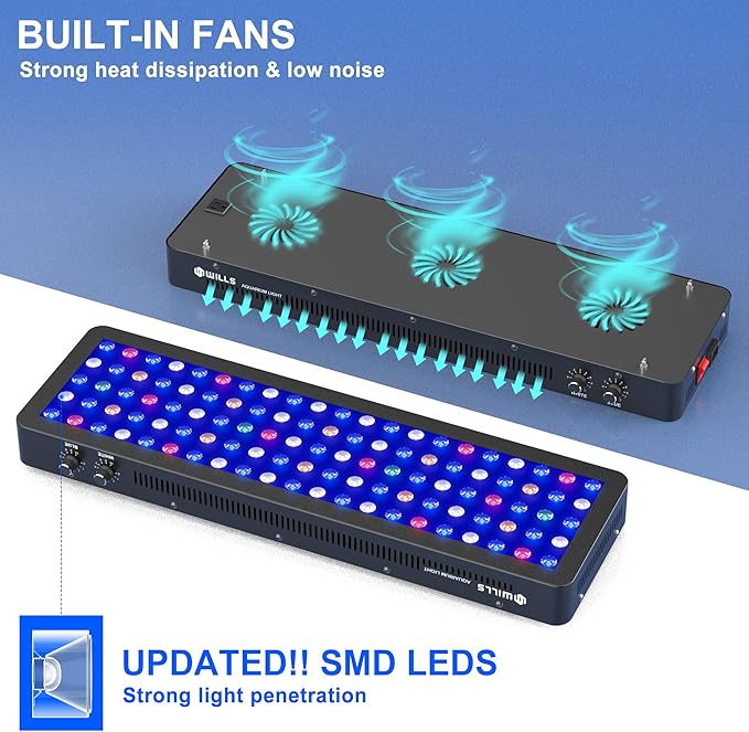 WILLS Aquarium Light, Dimmable Full Spectrum Fish Tank Light with 3 Dimming Modes & 105 Premium SMD Chips, 300W LED Aquarium Plant Light for Saltwater Freshwater Coral Reef (28"x8.5"x2.4")