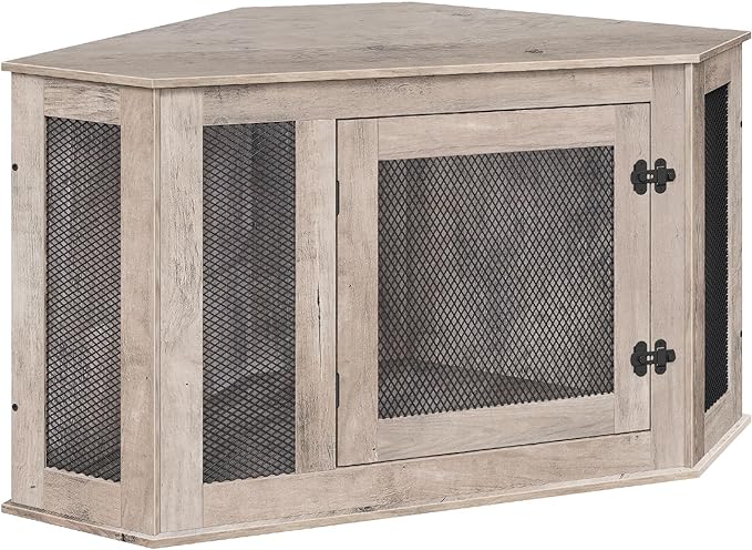 Corner Dog Crate Furniture, Wooden Dog Kennel End Table, Decorative Pet Crate Indoor Use, Furniture Style Dog House for Small Medium Dog, Dog Cage TV Stand, Greige and Black DCHG0801