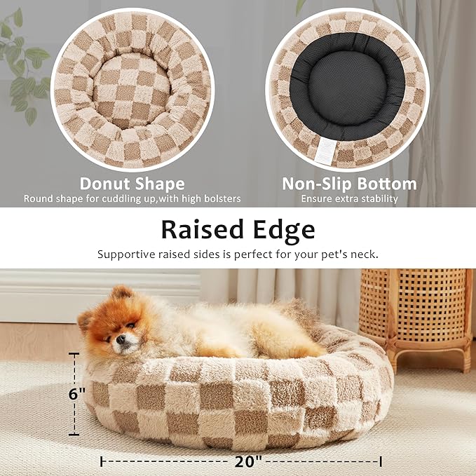 Love's cabin Round Donut Cat and Dog Cushion Bed, 20in Pet Bed For Cats or Small Dogs, Anti-Slip & Water-Resistant Bottom, Super Soft Durable Fabric Pet beds, Washable Luxury Cat & Dog Bed Brown Plaid