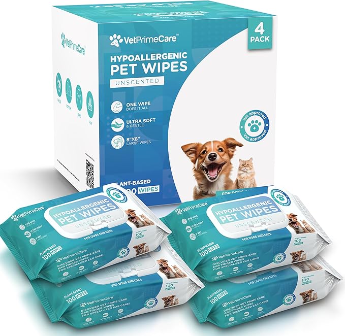 Pet Grooming Wipes for Dogs & Cats, 8” x 8” Plant-Based Hypoallergenic Wipes for Cleaning & Deodorizing, Suitable for Pets Body Like Face, Paws, Belly, and Butt, Unscented - 400 Count