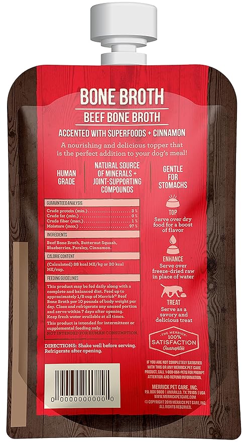 Merrick Grain Free Bone Broth Natural Meal Topper for Dogs, Accented with Superfoods & Cinnamon, for Adult Dogs of All Breeds Beef, 7 Ounce,(Pack of 3)