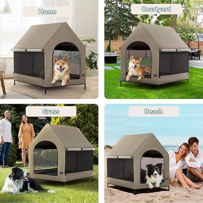 Petsfit 36 Inch Elevated Pet Dog House, Portable Large Dog House with Removable Cover for Indoor and Outdoor, Waterproof Raised Dog Houses for Large Dogs Outside, Featuring Elevated Dog Bed, Brown