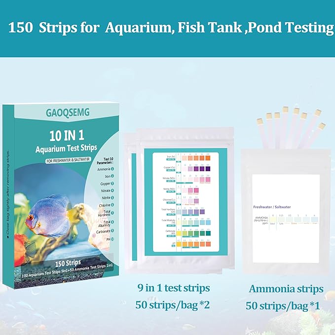 10 in 1 Ammonia Aquarium Water Test Kit,150 Strips Fish Tank Test Strips for Freshwater Saltwater Testing Ammonia,pH,Hardness,Nitrite,Nitrate,Chlorine,Copper and More