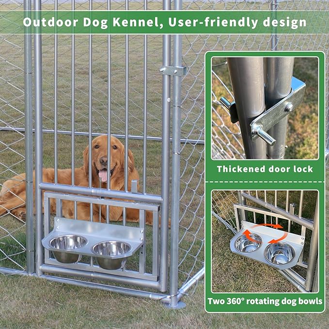 Large Outdoor Dog Kennel with Roof, 10'×10' Outside Dog Kennel Heavy Duty Dog Run Fence with Waterproof Sun-Proof Cover and 2 Stainless Steel Dog Bowl